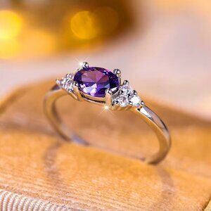 NEW 14k White Gold Amethyst Round Oval Diamond Ring Purple Ring Band